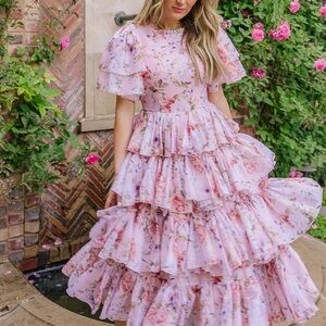 Ivy City Co Pink Floral Layered Maxi Dress (Medium)